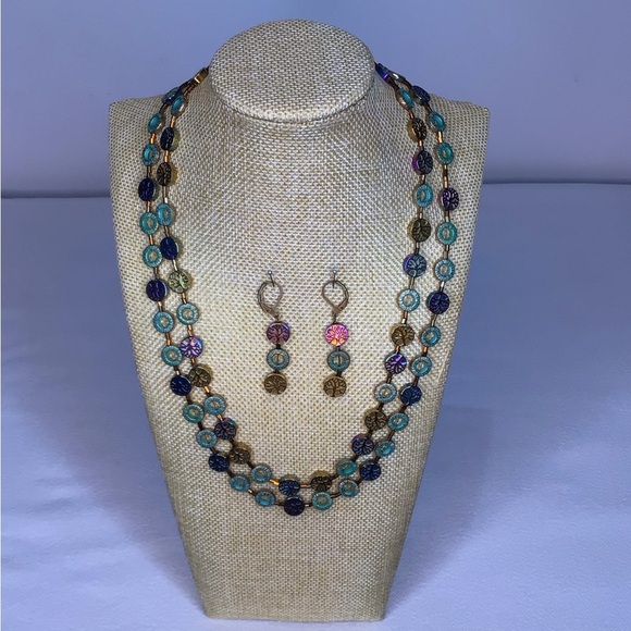 Handmade Jewelry - Blue and Purple Double-Strand Necklace, Bracelet, & Earring Set